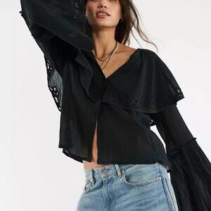 Free People Riley Battenburg Blouse V Neck Buttondown Bell Sleeve Top L